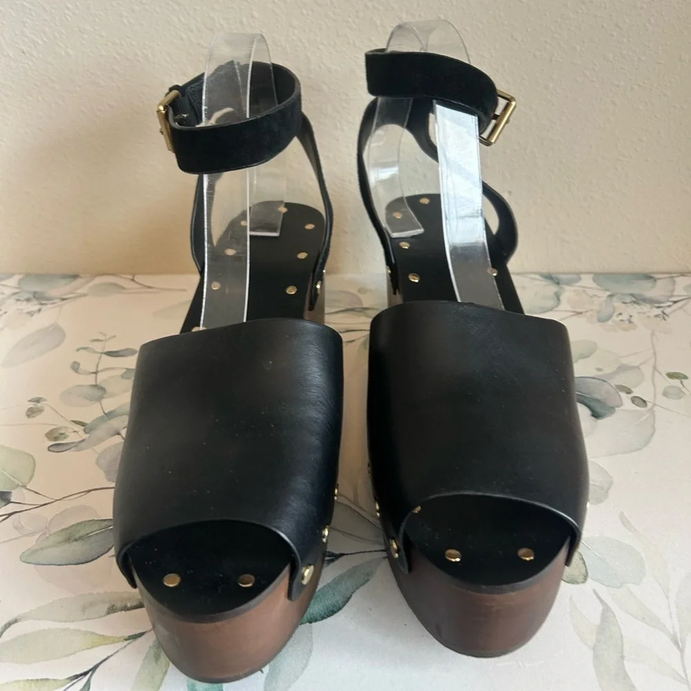 Madewell Black Leather Platform Clogs with Gold Studs